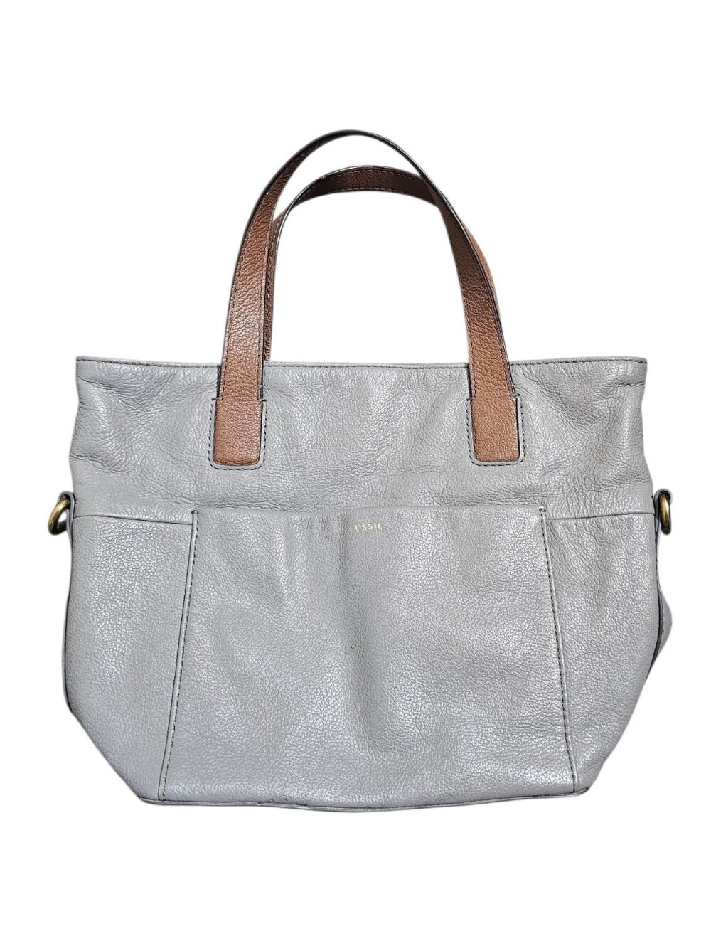 Fossil Light Gray Leather Tote with Brown Handles